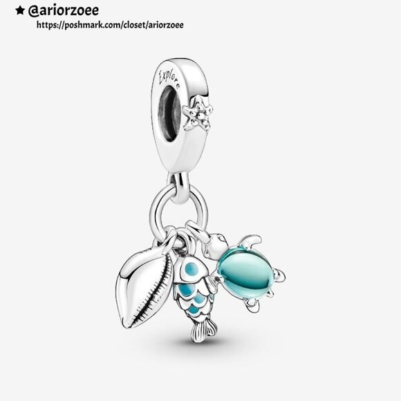 Pandora Fish, Sea Turtle & Conch Triple Dangle Charm - Picture 1 of 2